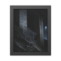 A shopping cart on a rocky slope under an overpass near a streetlamp. The Descent to the Underpass by Garabaggio, framed fine art print, 11″ x 14″.
