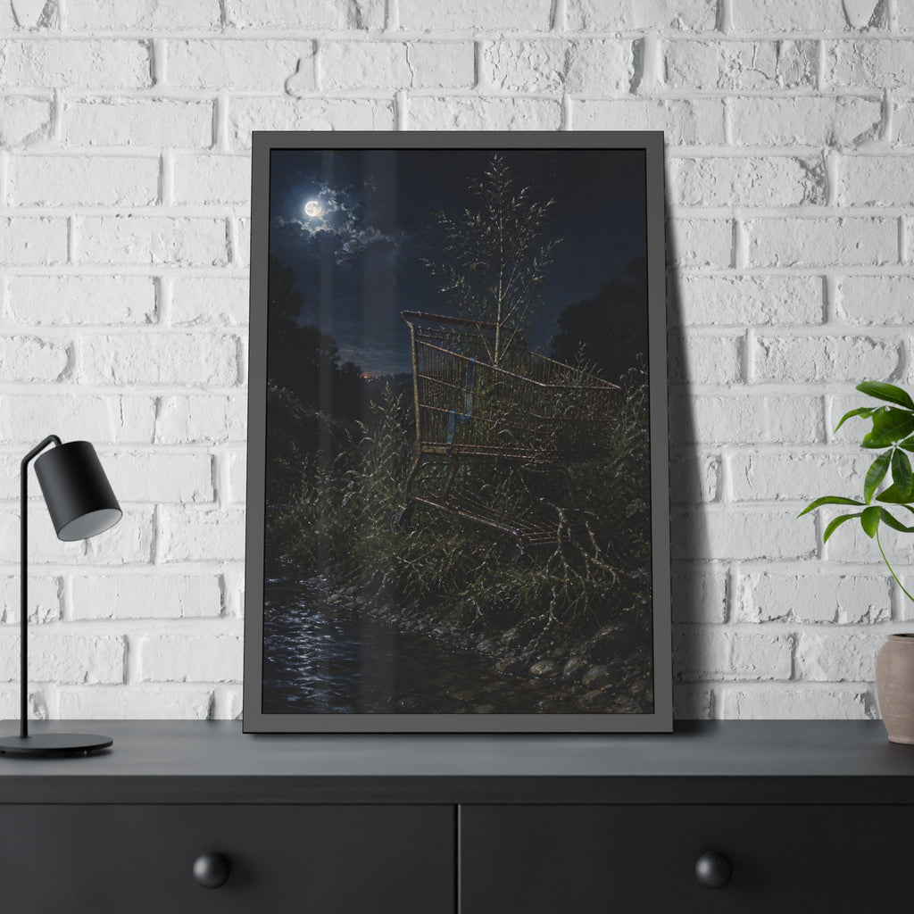 A shopping cart in creekside weeds with a sapling growing up through it. The Cart Grown Through by Garabaggio, framed fine art print hanging in a room.