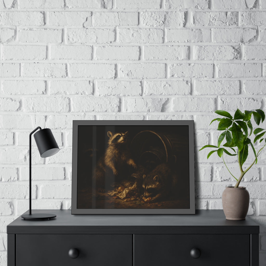Raccoons feeding on scraps around a tipped metal trash can in the dark. The Calling of St. Trash by Garabaggio, framed fine art print hanging in a room.