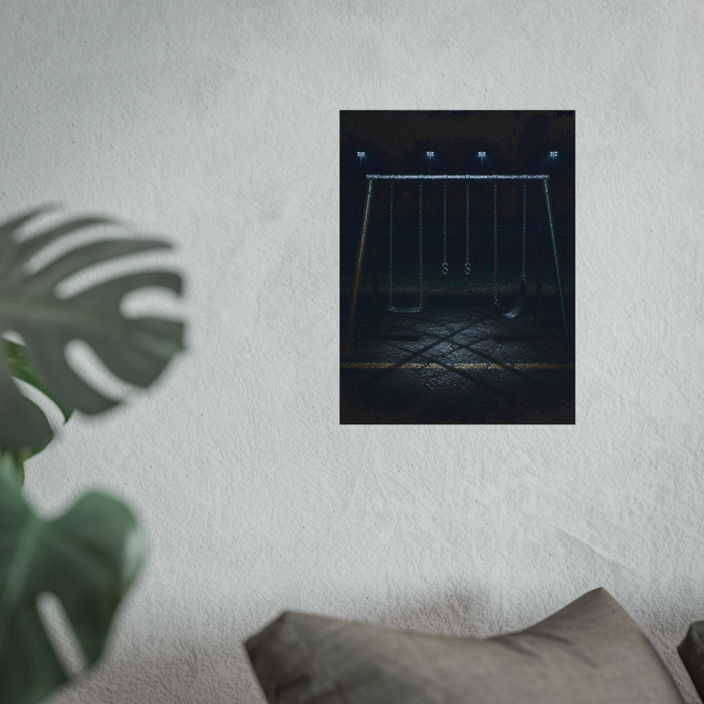 An empty swing set at night, chains still, floodlights far behind it. The Tenth Hour: The Chains Settle by Garabaggio, fine art print hanging in a room.