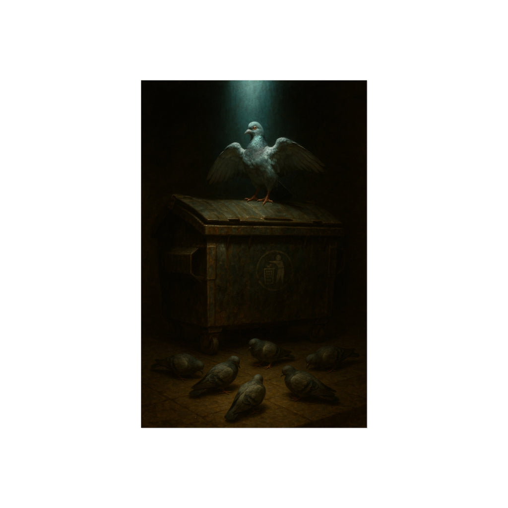 A pigeon with wings spread on a rusted dumpster lid. The Beatification of the Common Pigeon by Garabaggio, fine art print hanging in a room.