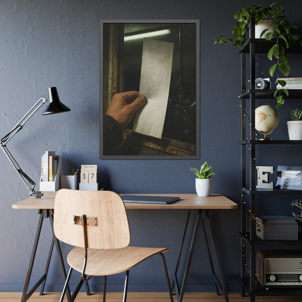 A hand holding a blank slip at a rusted counter window, bottles behind. The Receipt of Absolution by Garabaggio, framed fine art print hanging in a room.
