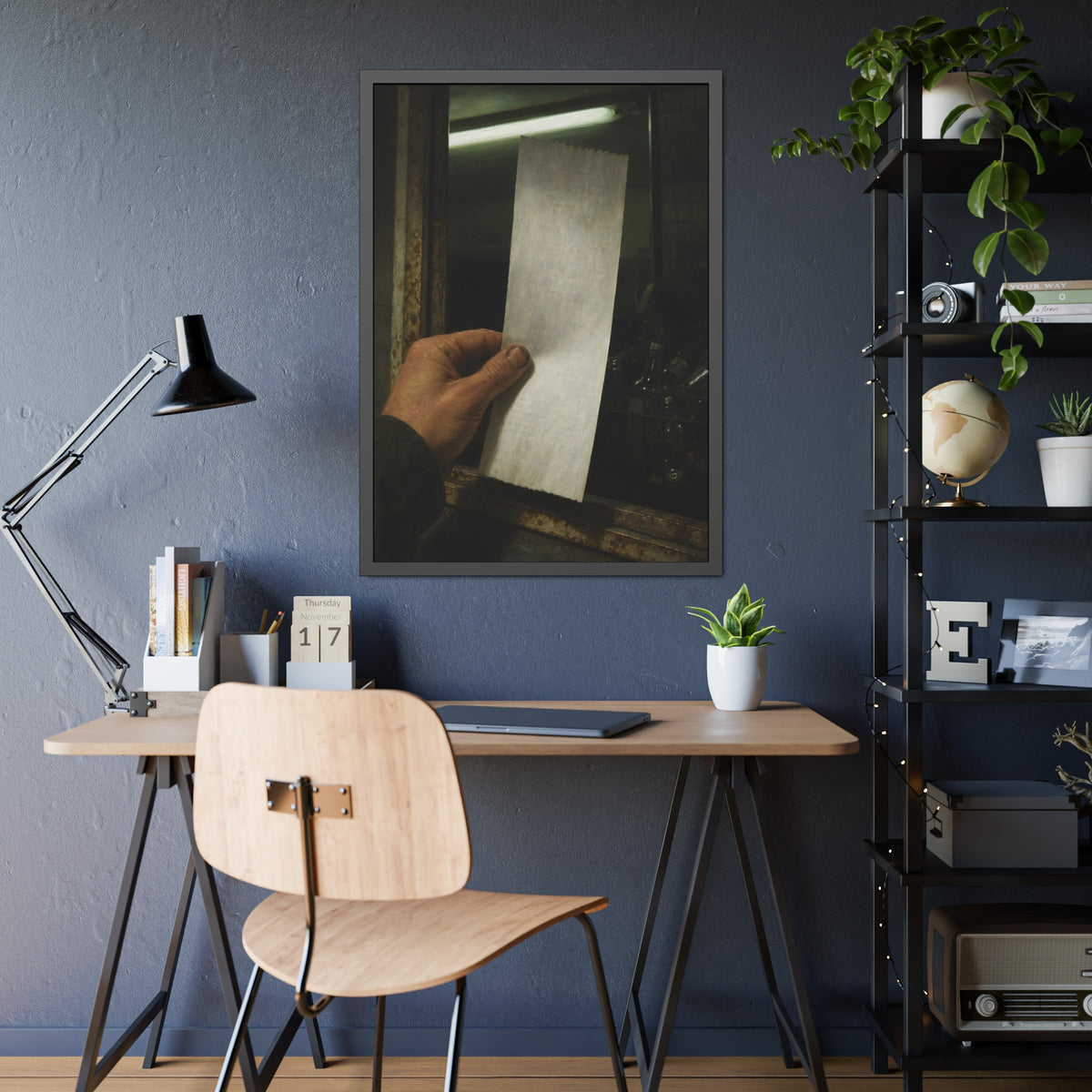 A hand holding a blank slip at a rusted counter window, bottles behind. The Receipt of Absolution by Garabaggio, framed fine art print hanging in a room.
