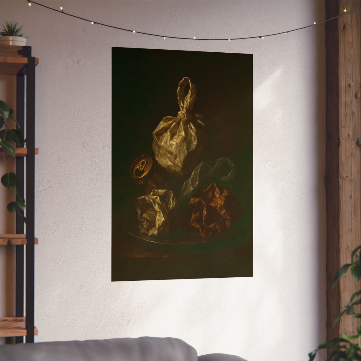 Knotted plastic bag on a plate with crumpled wrappers and a crushed can. Communion of the Knotted Bag by Garabaggio, fine art print hanging in a room.