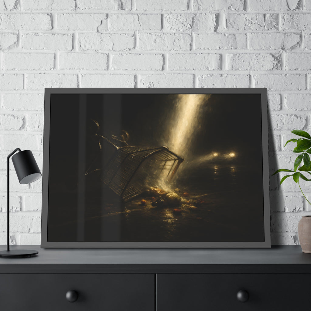A tipped shopping cart spilling groceries in a shaft of light. The Conversion of the Shopping Cart by Garabaggio, framed fine art print hanging in a room.