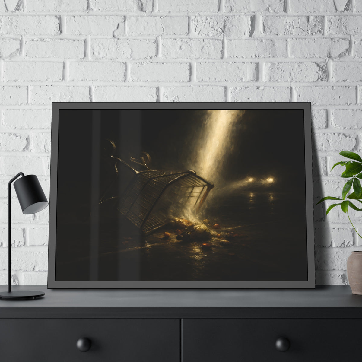 A tipped shopping cart spilling groceries in a shaft of light. The Conversion of the Shopping Cart by Garabaggio, framed fine art print hanging in a room.