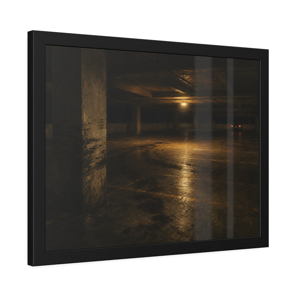 An empty concrete parking deck lit by one ceiling lamp, tail lights beyond. The Parking Garage, Level 4 by Garabaggio, framed fine art print hanging in a room.