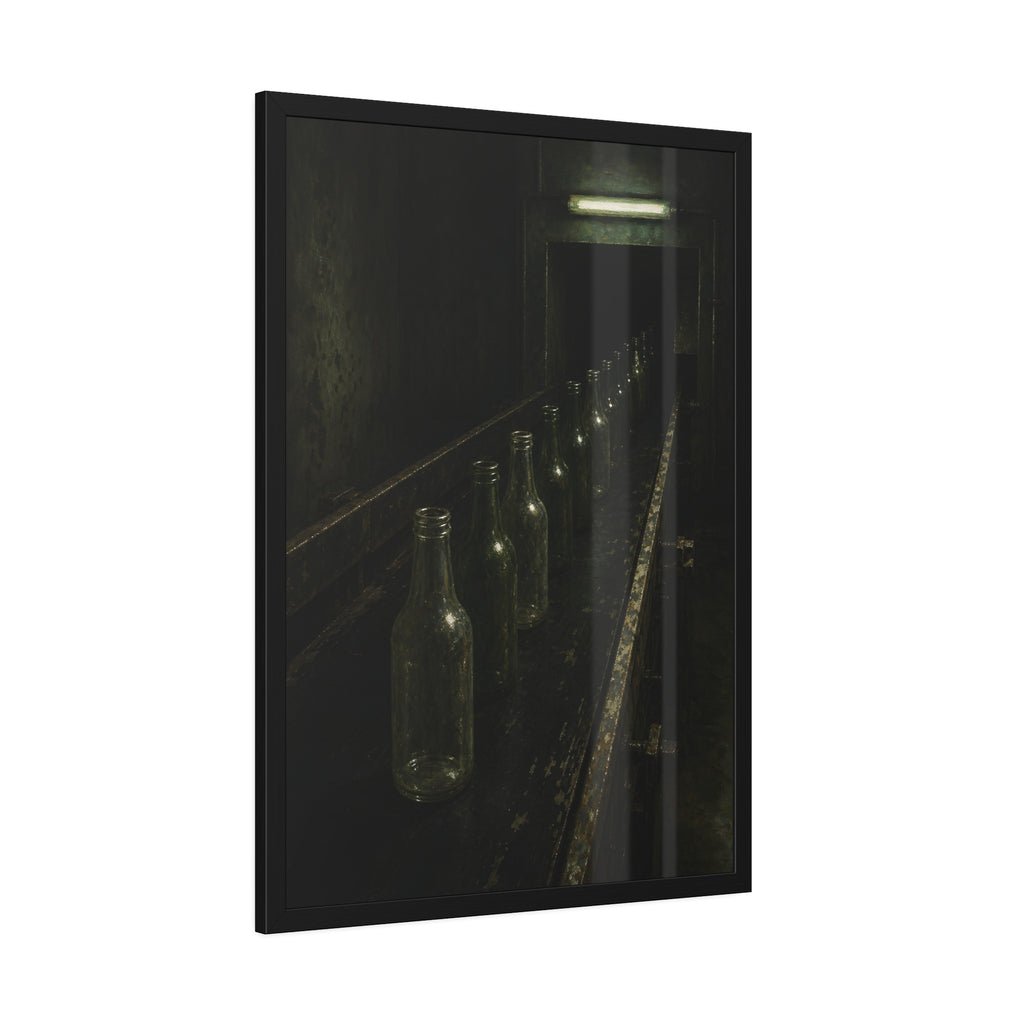 Empty glass bottles in a line on a conveyor under one fluorescent tube. The Procession of Bottles by Garabaggio, framed fine art print hanging in a room.