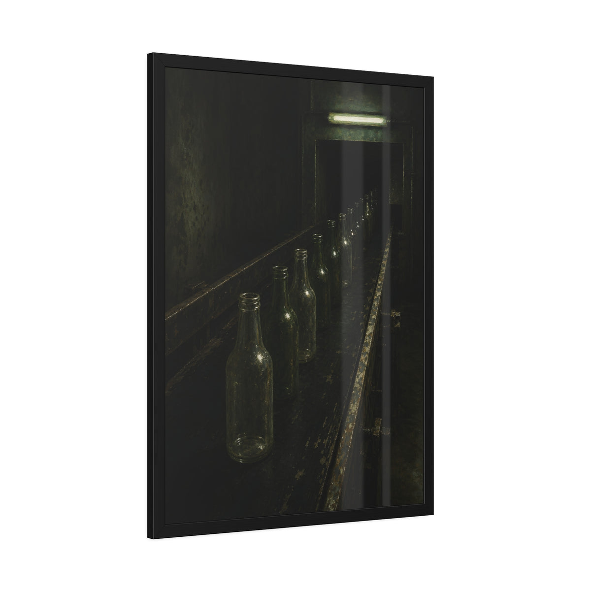 Empty glass bottles in a line on a conveyor under one fluorescent tube. The Procession of Bottles by Garabaggio, framed fine art print hanging in a room.