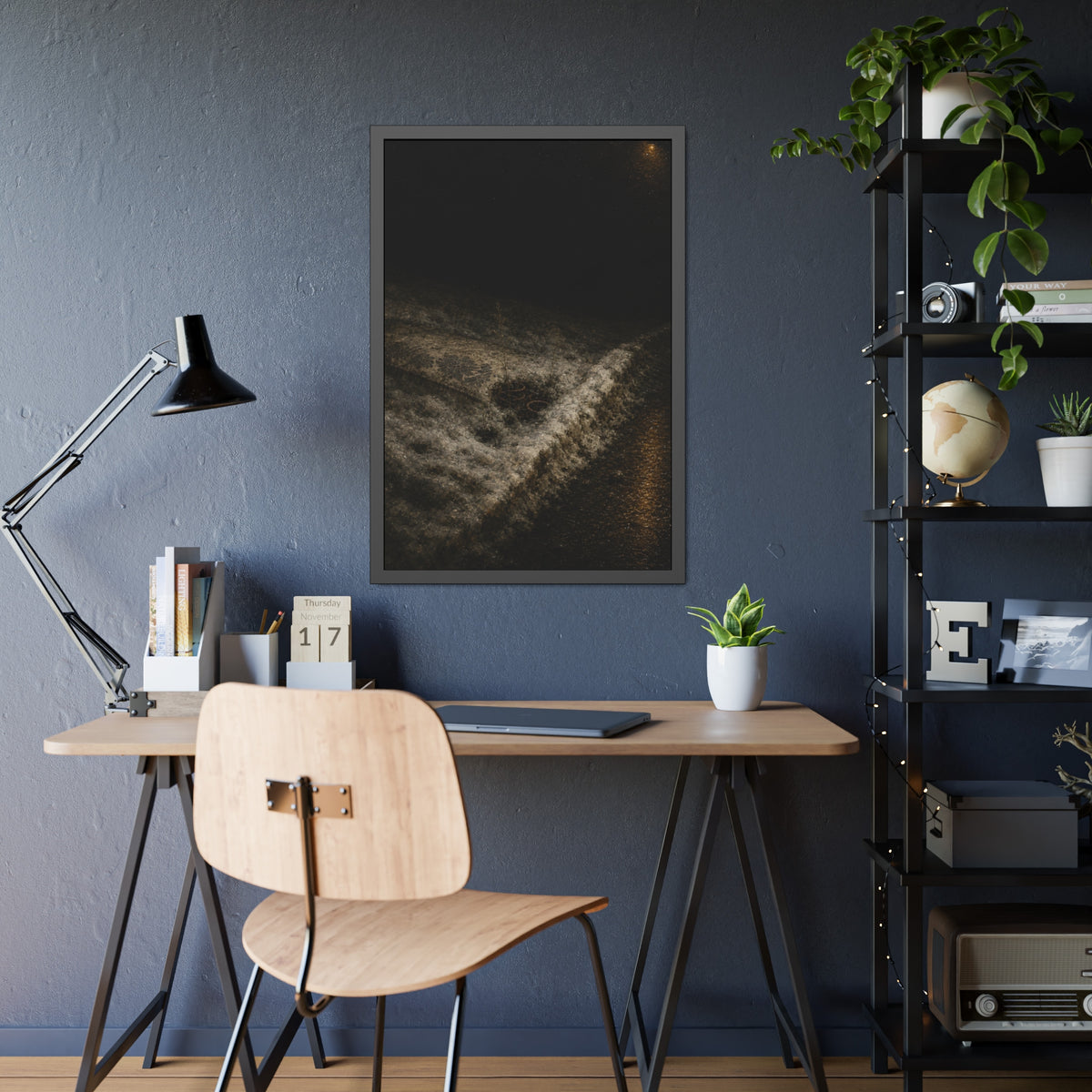 A discarded mattress half buried in snow, a distant streetlight behind. The White Burial by Garabaggio, framed fine art print hanging in a room.