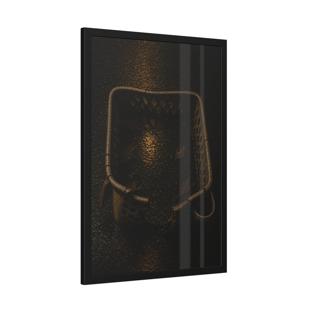 A cracked laundry basket holding rainwater and leaves on wet ground. The Basin of Rain (Laundry Basket) by Garabaggio, framed fine art print hanging in a room.