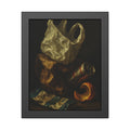 A plastic bag, crushed can and orange peel on a dim table. Still Life with Orange Peel and Resignation by Garabaggio, framed fine art print, 11″ x 14″.