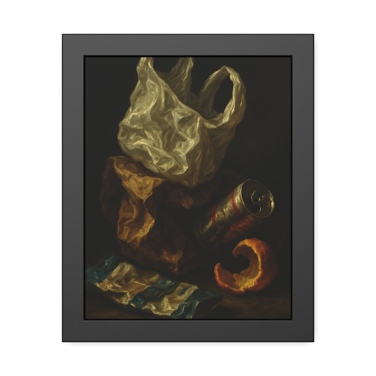A plastic bag, crushed can and orange peel on a dim table. Still Life with Orange Peel and Resignation by Garabaggio, framed fine art print, 11″ x 14″.