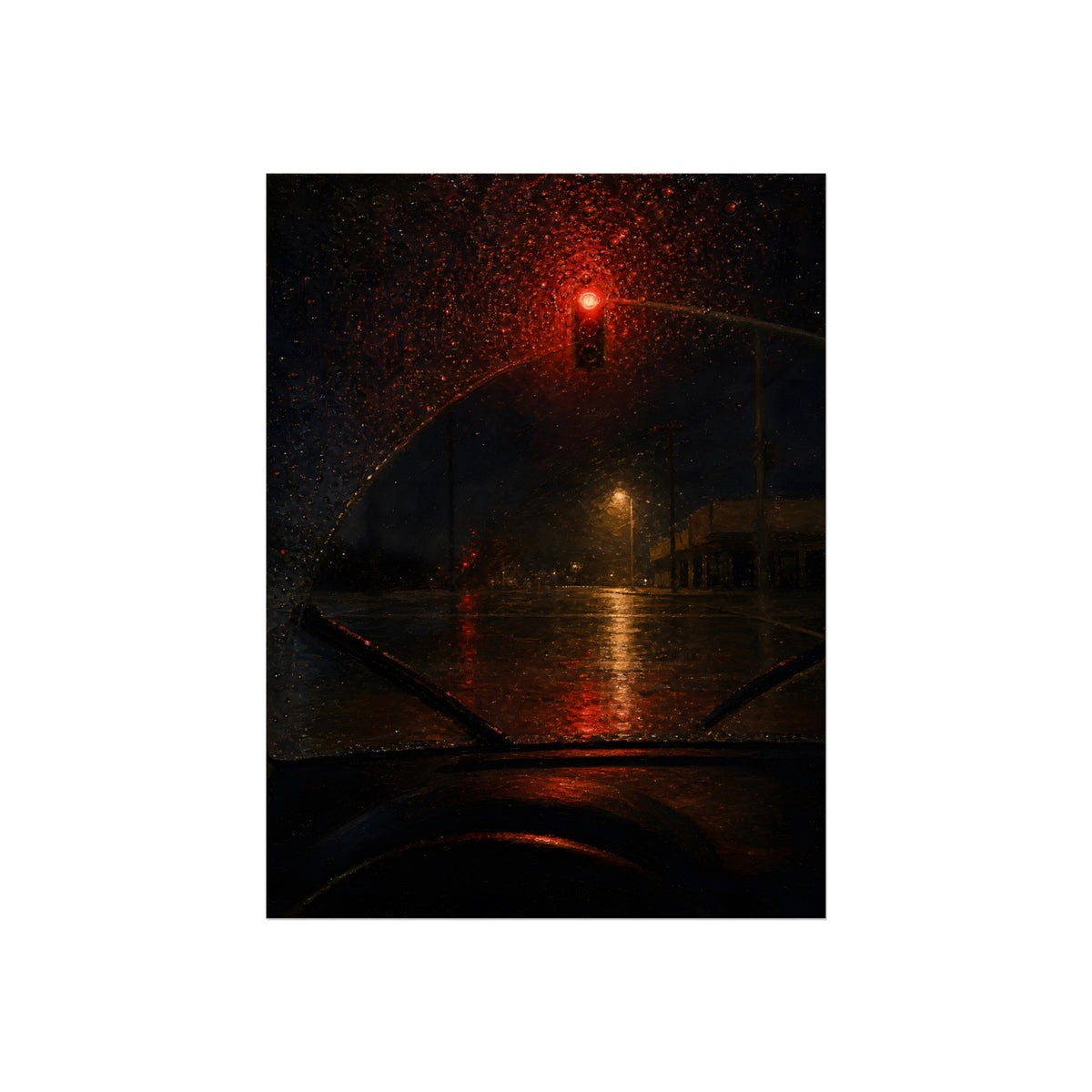 A red traffic light seen through a rain beaded windshield at night. The Windshield at the Red Light by Garabaggio, fine art print, 12″ x 16″.