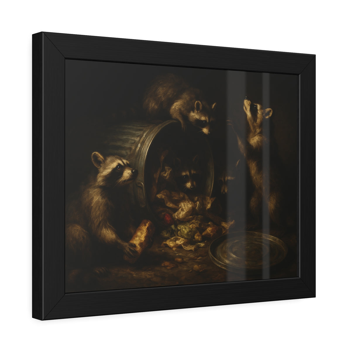 Raccoons around a tipped metal trash can, scattering food scraps. The Vigil of the Midnight Feast by Garabaggio, framed fine art print hanging in a room.