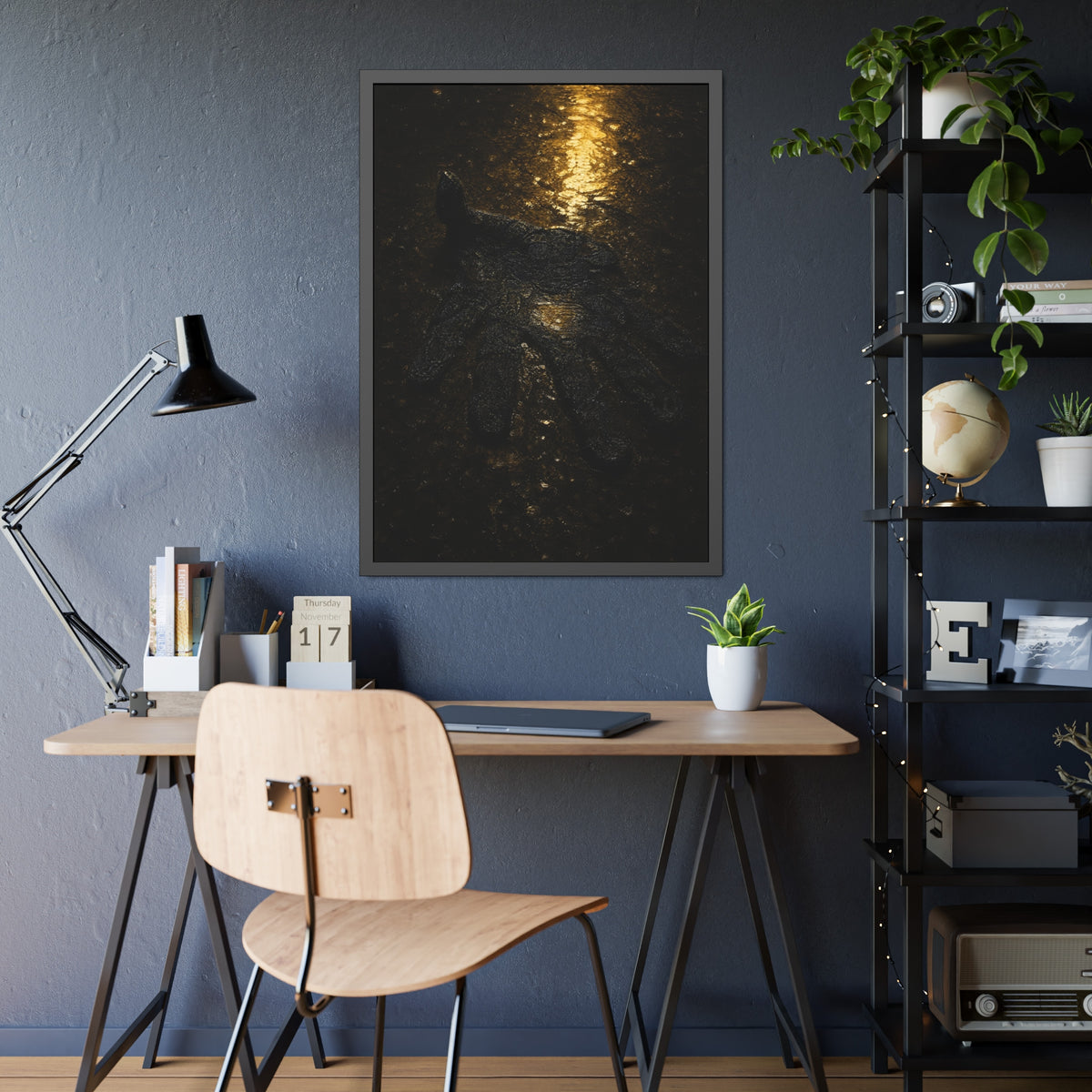 A flattened black glove pressed into wet asphalt beside a light streak. The Flattening, Study No. 1 by Garabaggio, framed fine art print hanging in a room.