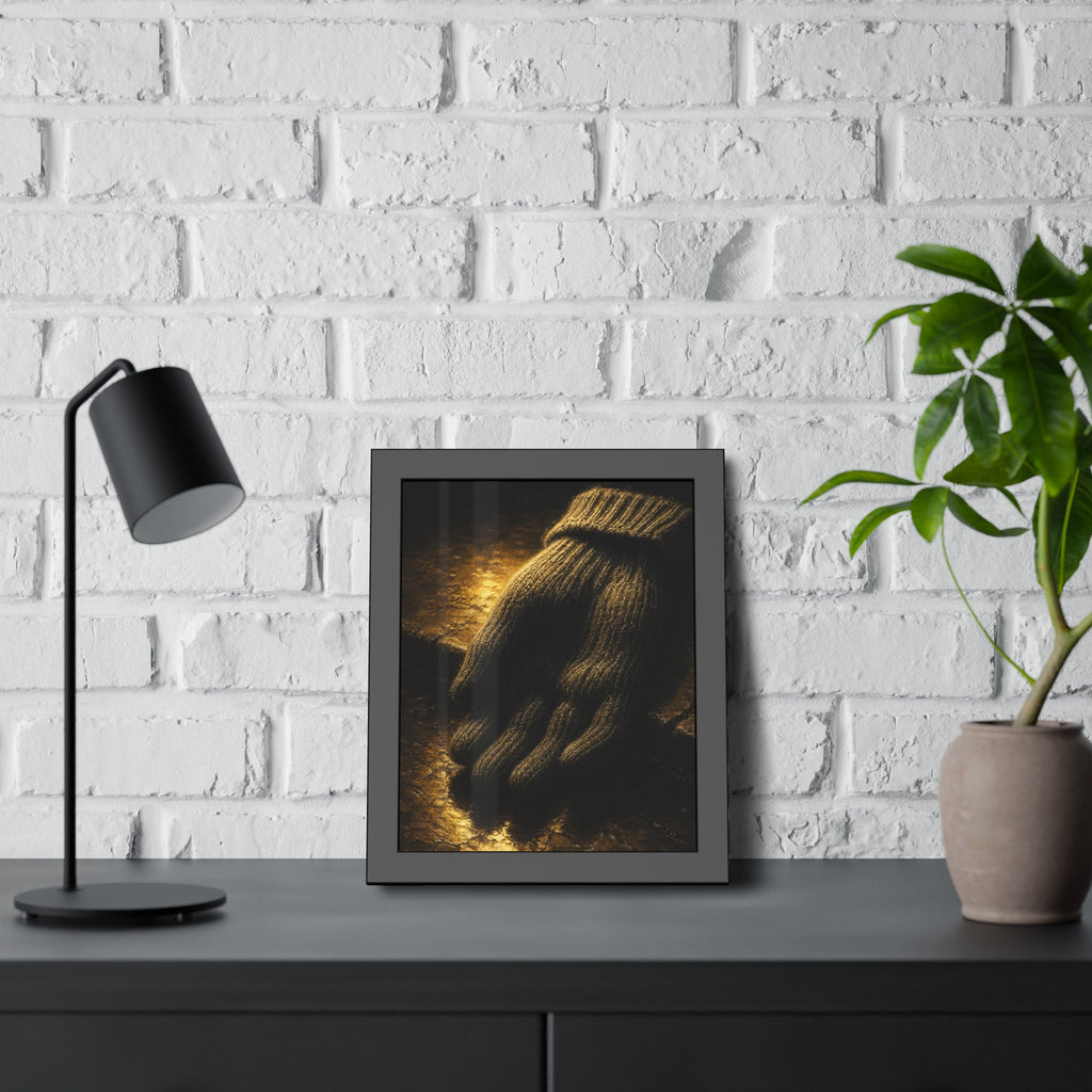 A knitted wool glove palm down on wet stone in gold light. The Presentation of the Woolen Glove by Garabaggio, framed fine art print hanging in a room.
