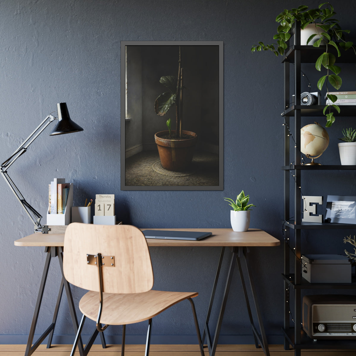 A potted plant down to two curled leaves and one new sprout by a window. The Corner by the Window Again by Garabaggio, framed fine art print hanging in a room.