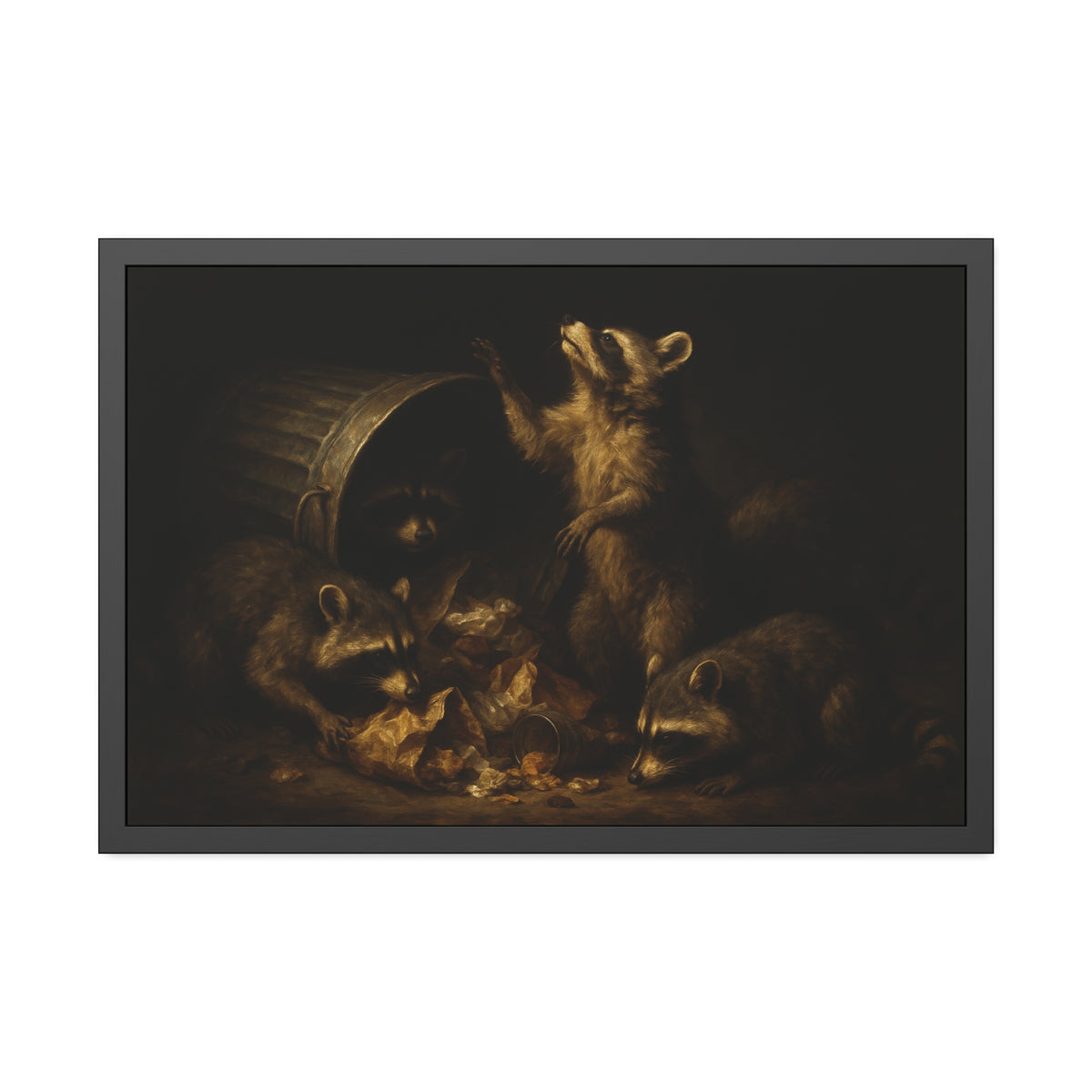 Raccoons around a fallen trash can, one rearing up with a raised paw. The Supper of Shadows by Garabaggio, framed fine art print hanging in a room.