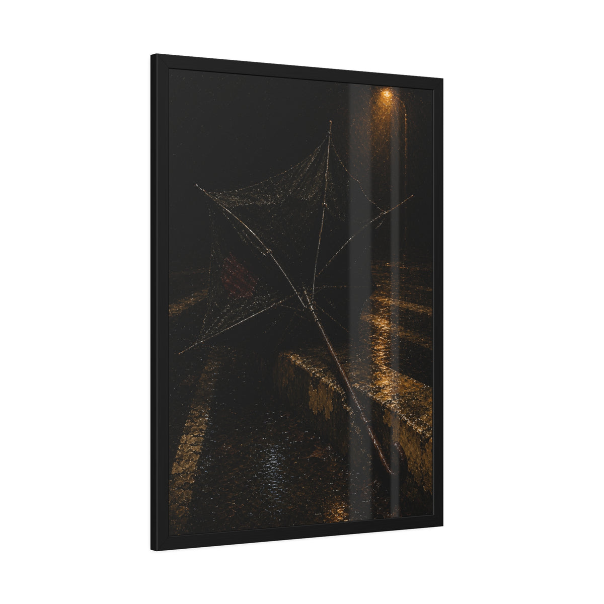 A broken umbrella inside out on a wet curb under a street lamp. The Inversion at the Median by Garabaggio, framed fine art print hanging in a room.