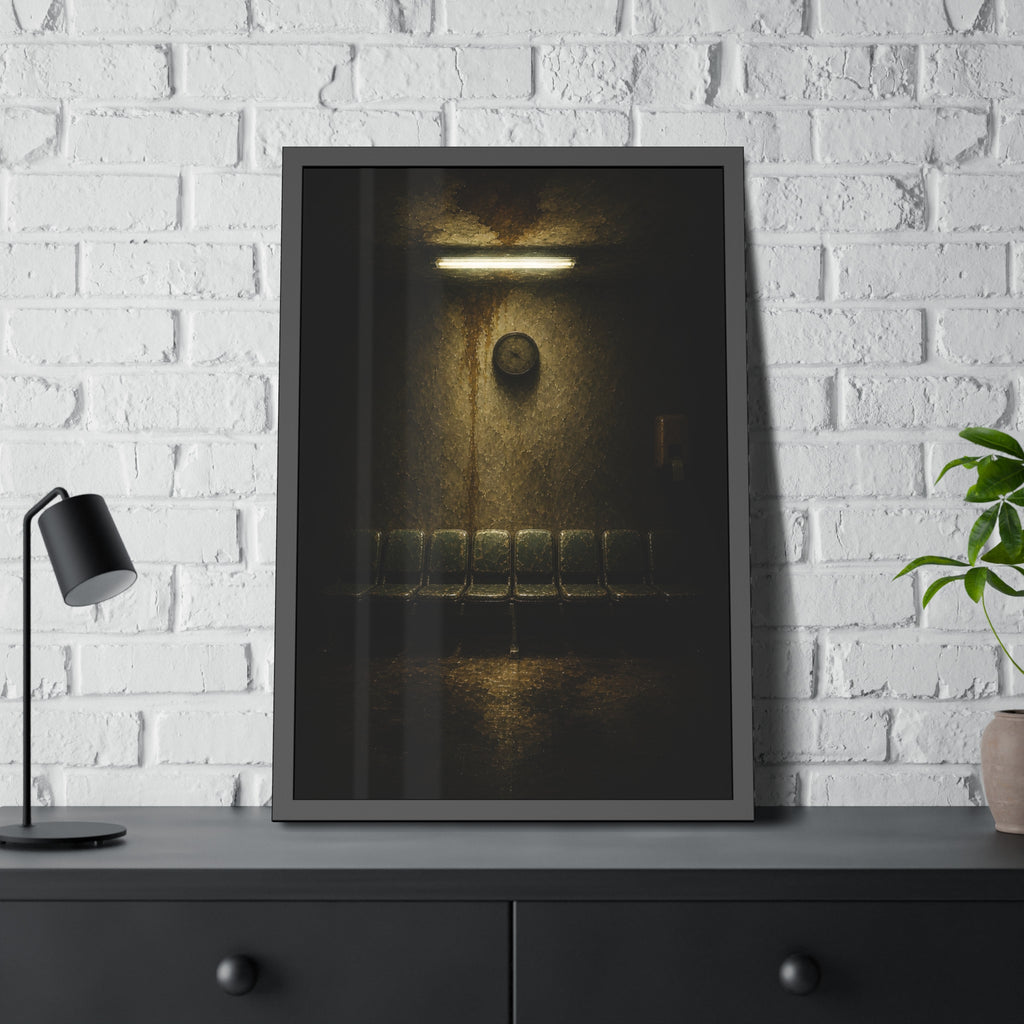 Eight worn seats in a row under a wall clock and one fluorescent tube. Eight Seats and a Clock by Garabaggio, framed fine art print hanging in a room.