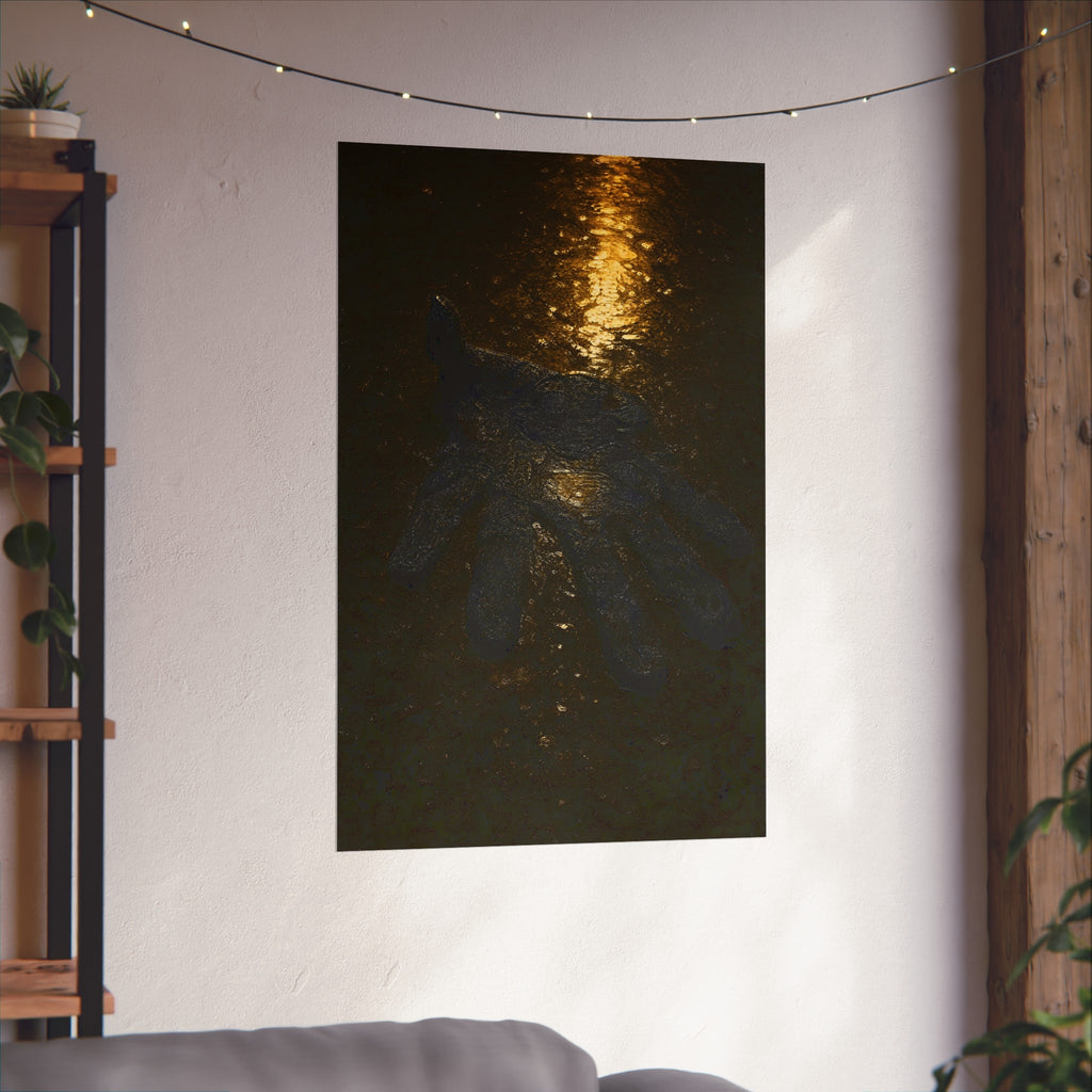 A flattened black glove pressed into wet asphalt beside a light streak. The Flattening, Study No. 1 by Garabaggio, fine art print hanging in a room.