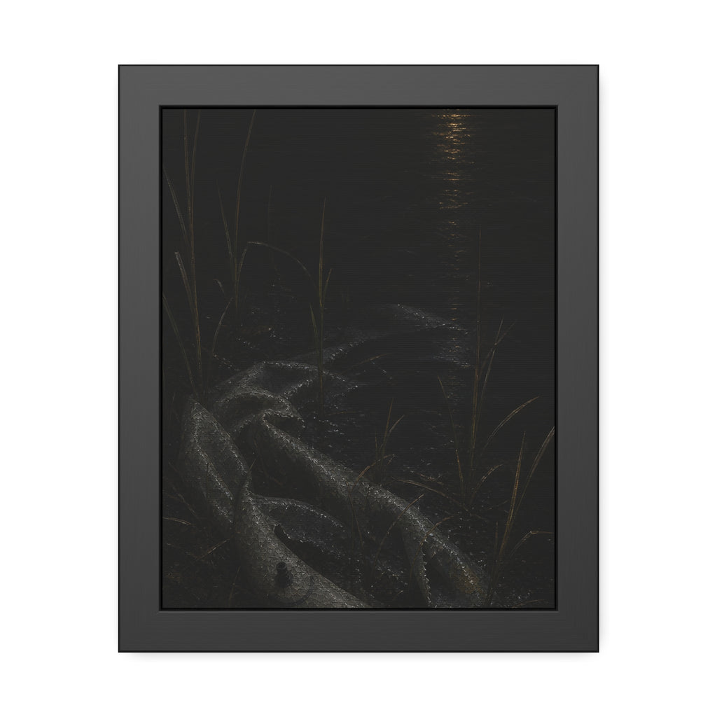 A deflated float slumped in lakeside reeds under a streak of moonlight. Spring Skin in the Reeds by Garabaggio, framed fine art print, 11″ x 14″.