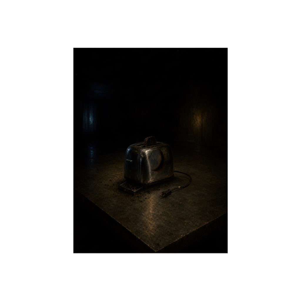 A scorched chrome toaster alone on a metal counter in a dark room. The Cooling on Steel by Garabaggio, fine art print, 12″ x 16″.