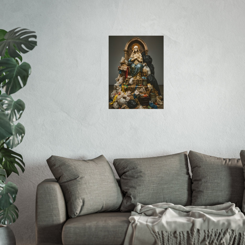 A robed statue on a mound of garbage bags in a gallery. The Immaculate Collection by Garabaggio, fine art print hanging in a room.