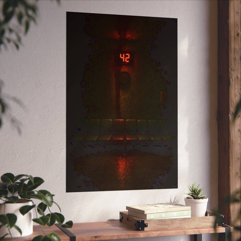 A red number display glowing above an empty row of waiting room chairs. The Number Called at Last by Garabaggio, fine art print hanging in a room.