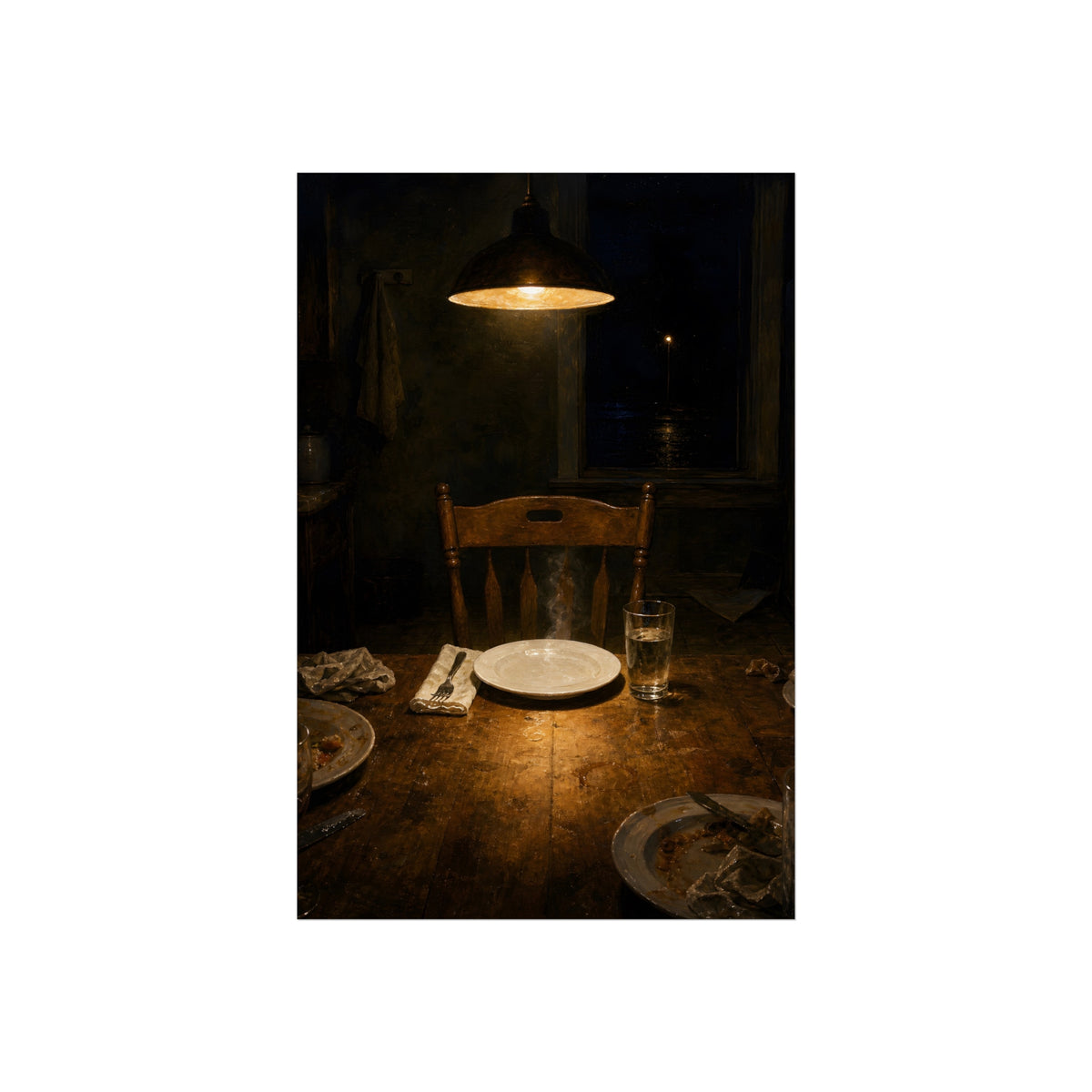 A clean plate and empty chair under a hanging lamp at a used dinner table. The Empty Seat at Dinner by Garabaggio, fine art print, 24″ x 36″.