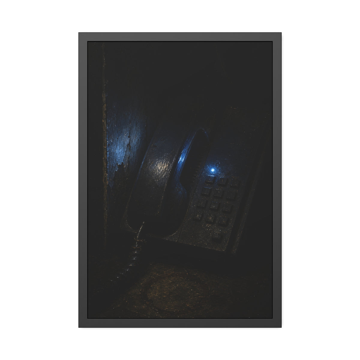 A grimy wall telephone in darkness with one small blue indicator light. The Night Queue by Garabaggio, framed fine art print, 24″ x 36″.