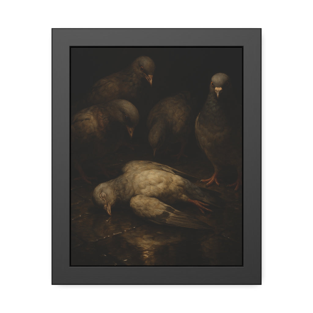 Four pigeons standing over a dead pigeon on wet pavement. The Lamentation by Garabaggio, framed fine art print, 11″ x 14″.