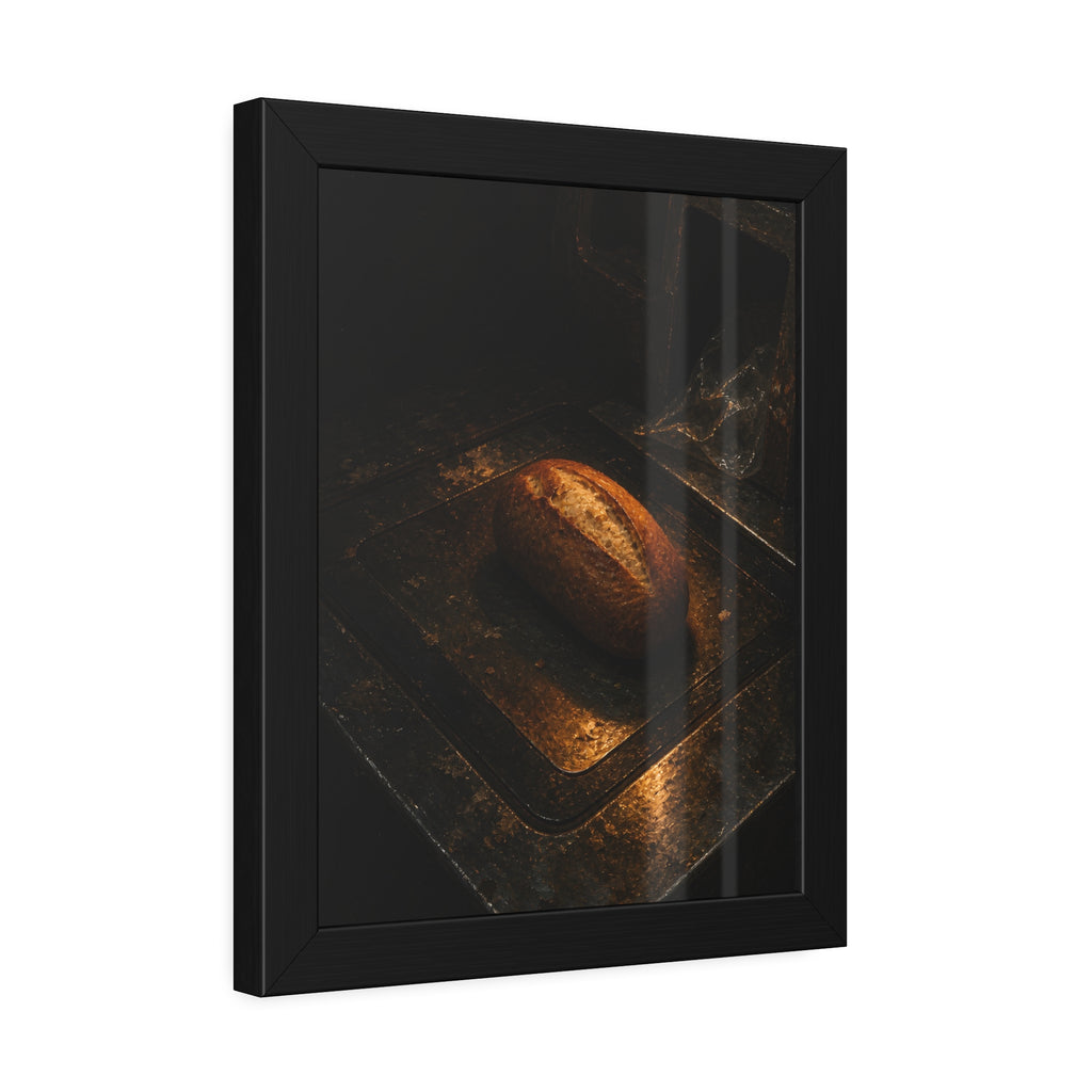 A loaf of bread alone on a dark self checkout weighing plate. The Witness at the Scale by Garabaggio, framed fine art print hanging in a room.