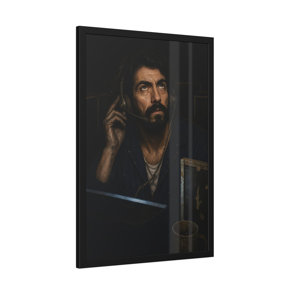 A man in a phone headset looks upward over the glow of a monitor. Garabaggio on Hold by Garabaggio, framed fine art print hanging in a room.
