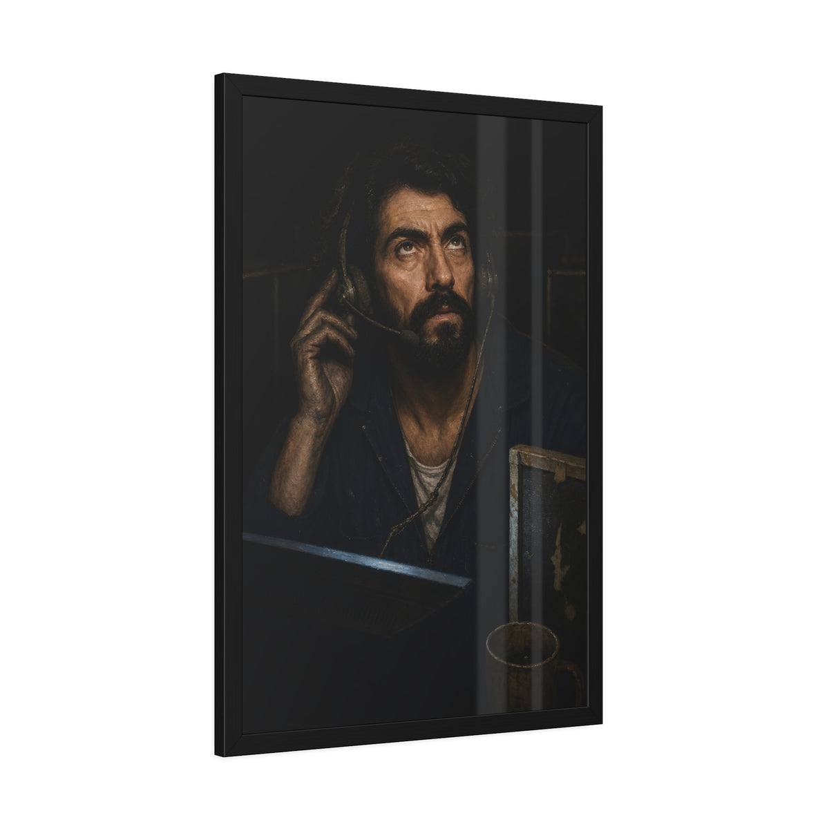 A man in a phone headset looks upward over the glow of a monitor. Garabaggio on Hold by Garabaggio, framed fine art print hanging in a room.