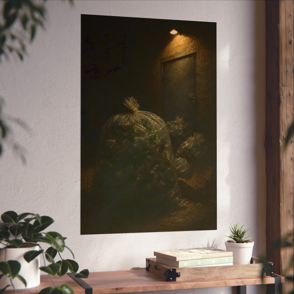 Clear bags of empty bottles piled by a padlocked door under a wall lamp. The Gathering of Empties by Garabaggio, fine art print hanging in a room.