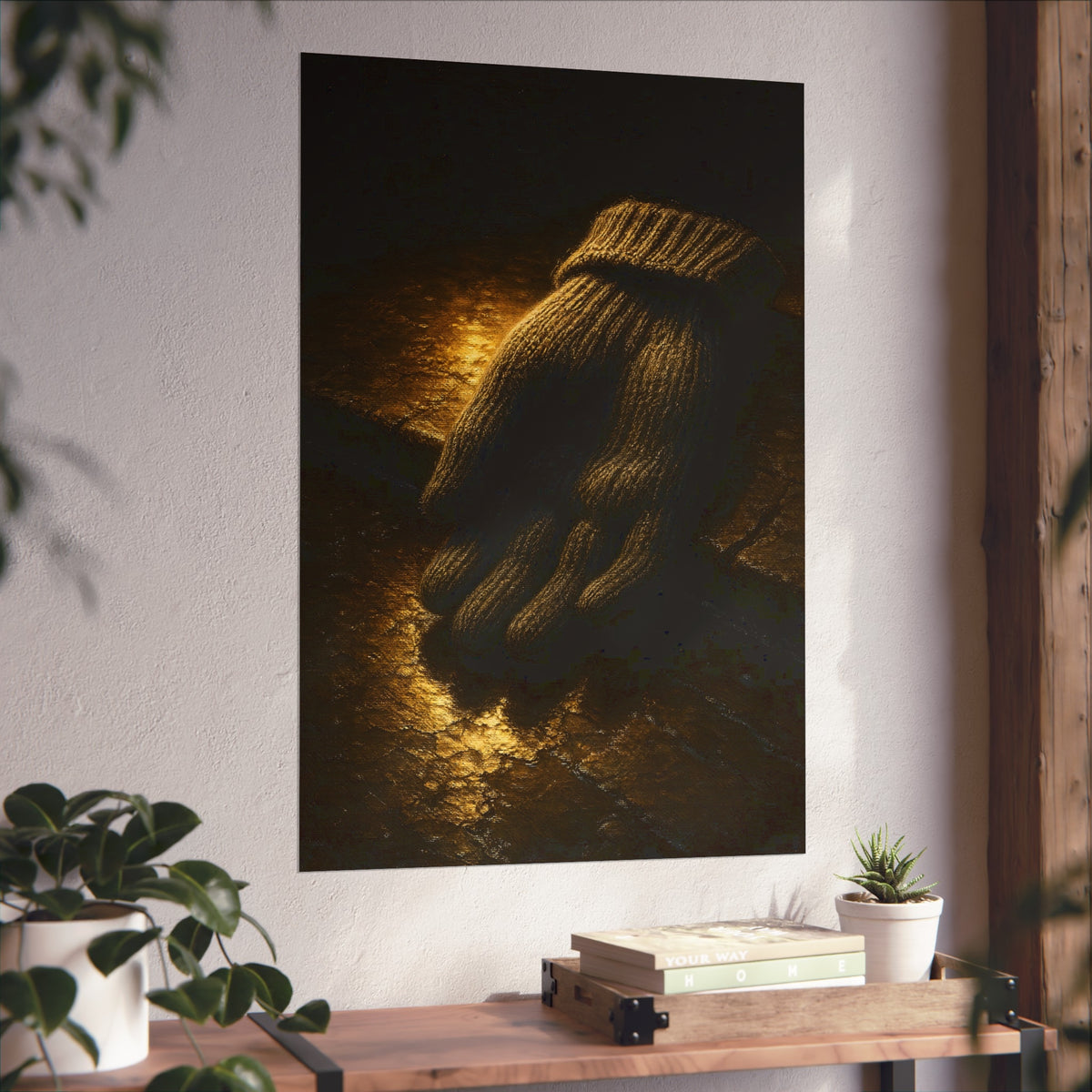 A knitted wool glove palm down on wet stone in gold light. The Presentation of the Woolen Glove by Garabaggio, fine art print hanging in a room.