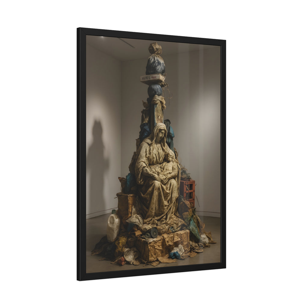 Seated hooded figure cradling a bundle on a mound of bagged refuse. Pietà of the Curbside by Garabaggio, framed fine art print hanging in a room.