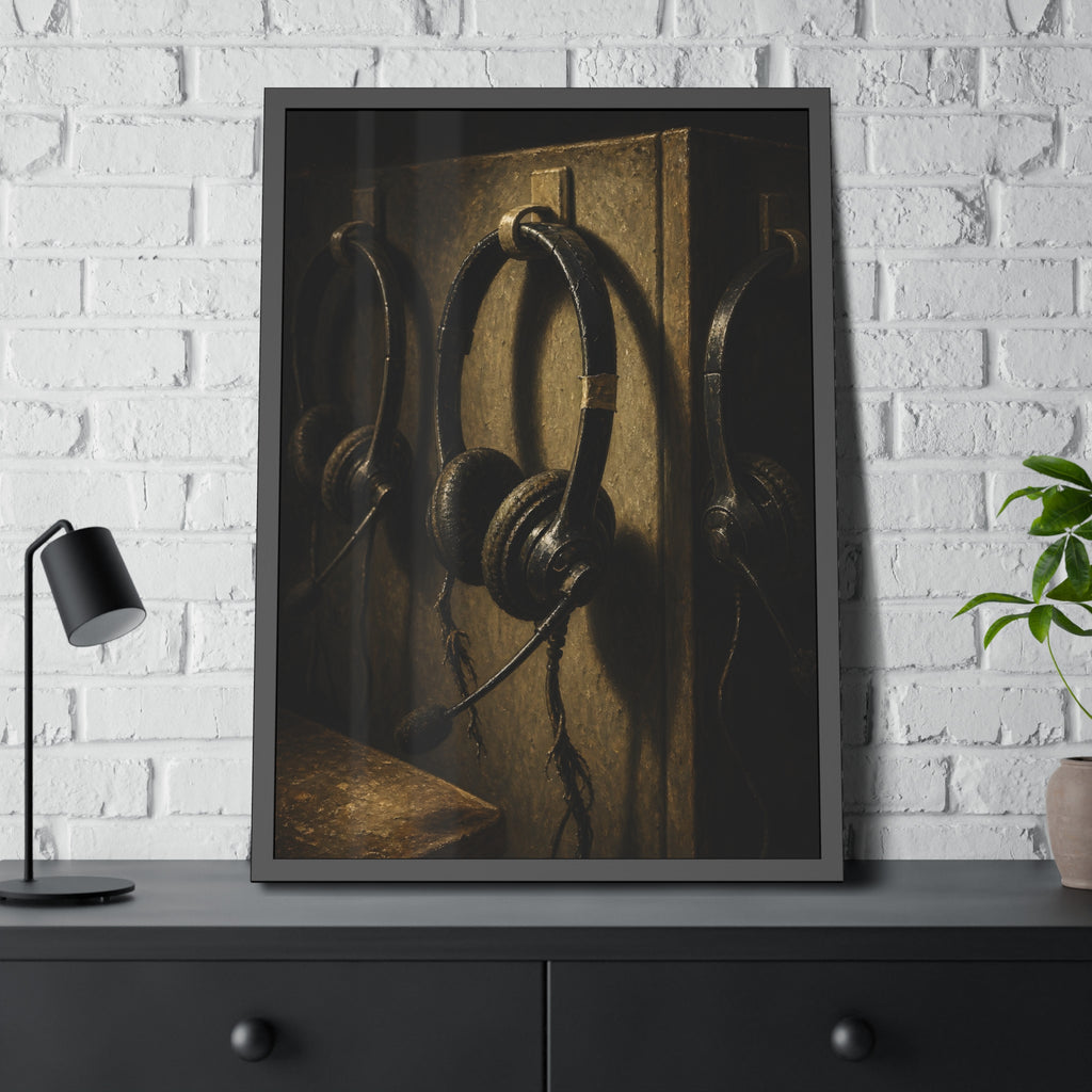 Three worn call center headsets hanging on wall hooks in dim light. The Headsets Left Hanging by Garabaggio, framed fine art print hanging in a room.