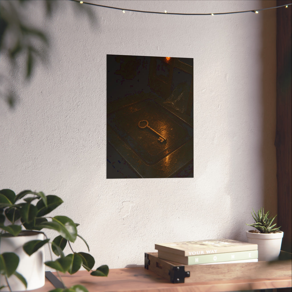 A brass key on the metal bagging shelf of a checkout. The Unexpected Item in the Bagging Area by Garabaggio, fine art print hanging in a room.