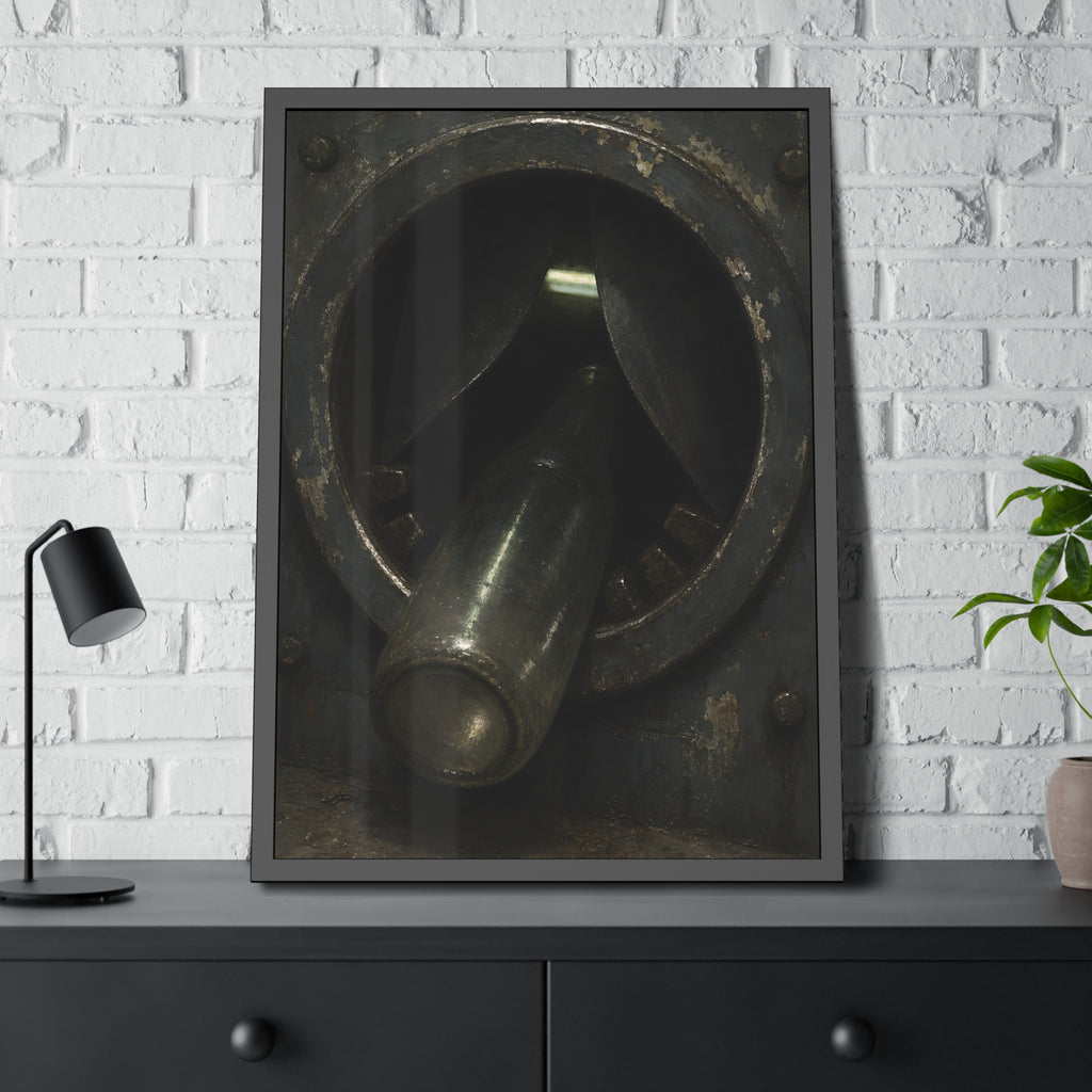 A glass bottle wedged in the round steel intake of a crushing machine. The Crusher's Mouth by Garabaggio, framed fine art print hanging in a room.