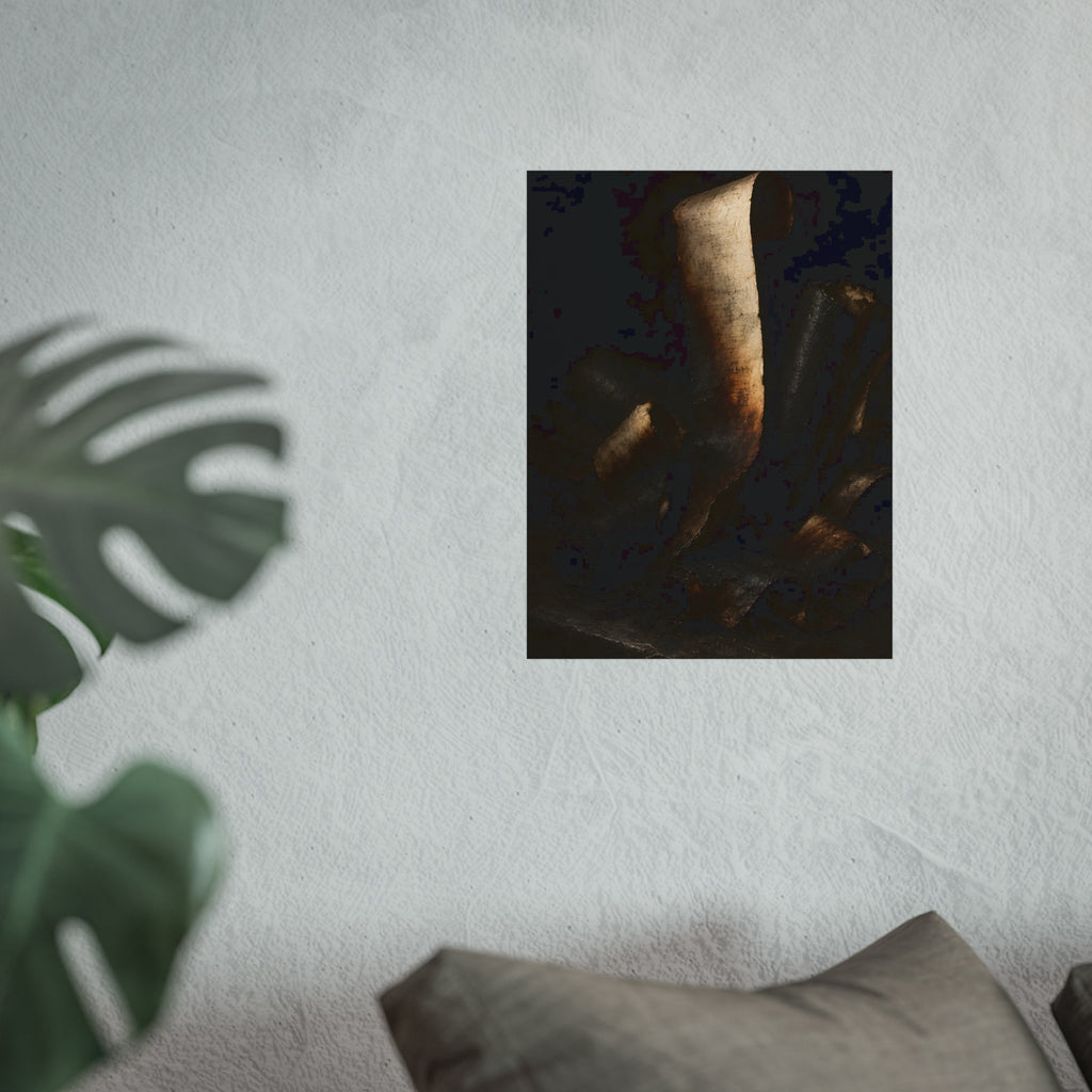 Charred curls of paper heaped together, one pale roll standing upright. The Blackening by Garabaggio, fine art print hanging in a room.