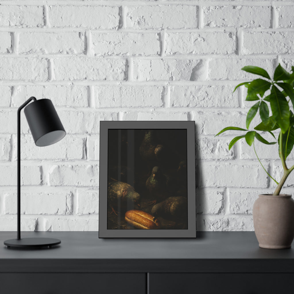 Pigeons crowding around a bread roll on dark stone paving. The Congregation at the Bun by Garabaggio, framed fine art print hanging in a room.