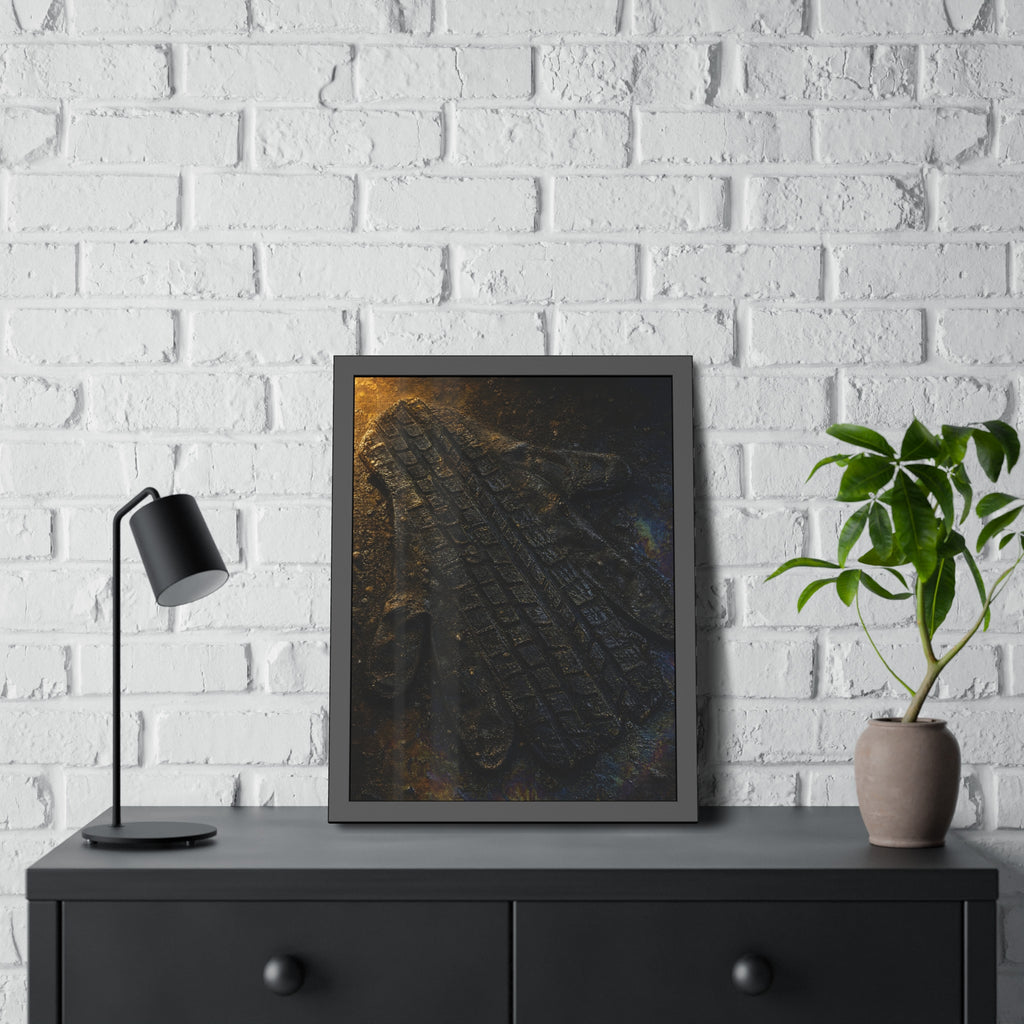 A flattened work glove on asphalt with a tire tread pressed across it. The Passage of the Wheel by Garabaggio, framed fine art print hanging in a room.