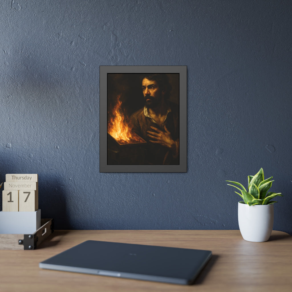Man with a hand flat on his chest looking toward a low burning bin. Self-Portrait with Oath by Garabaggio, framed fine art print hanging in a room.