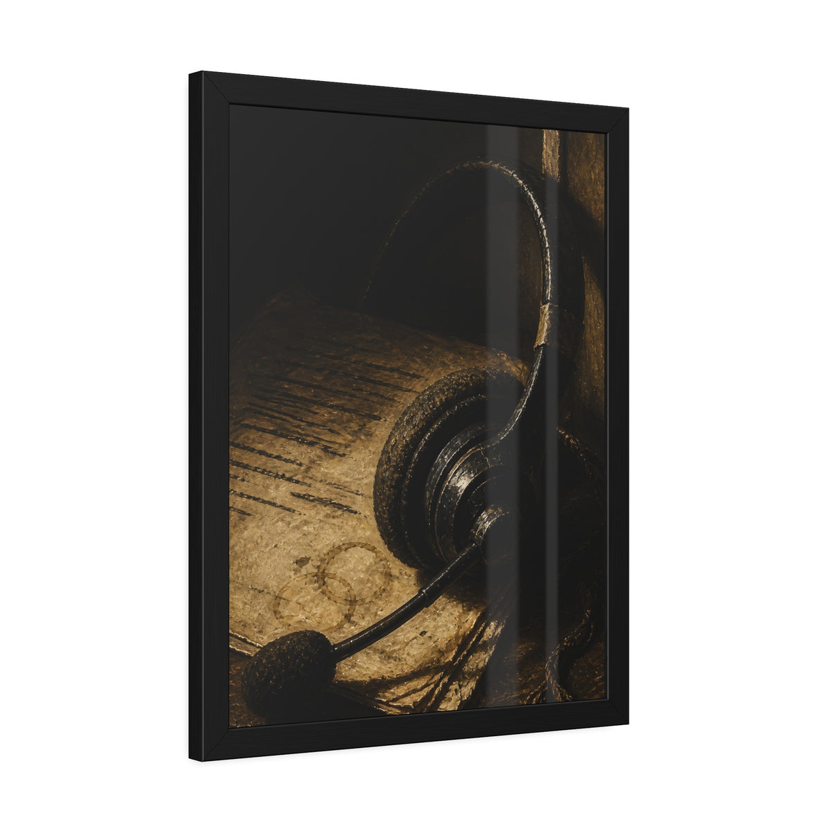 A worn headset resting on a printed script page with coffee rings. The Script Beside the Mouthpiece by Garabaggio, framed fine art print hanging in a room.