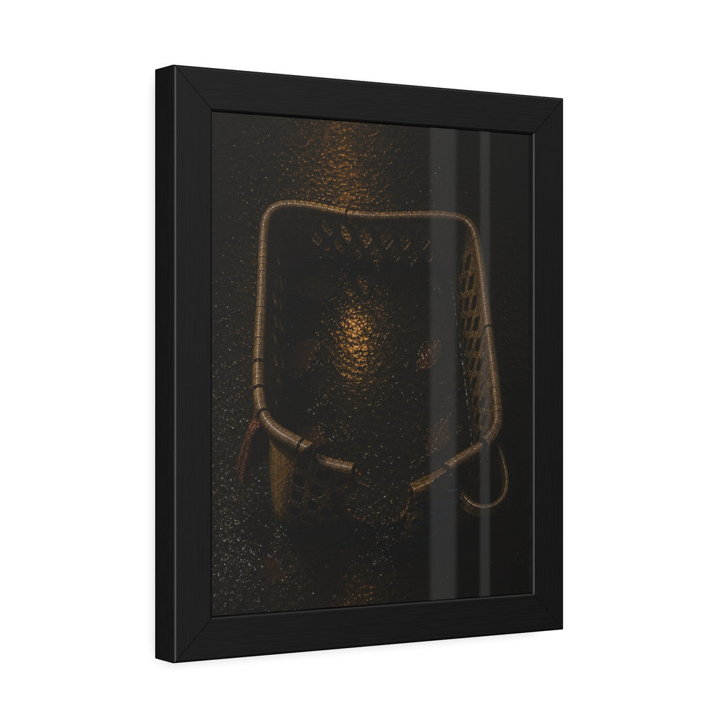 A cracked laundry basket holding rainwater and leaves on wet ground. The Basin of Rain (Laundry Basket) by Garabaggio, framed fine art print hanging in a room.