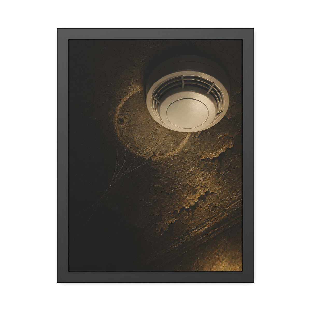 A new smoke detector on a stained ceiling next to an old mounting ring. The New Detector by Garabaggio, framed fine art print, 18″ x 24″.