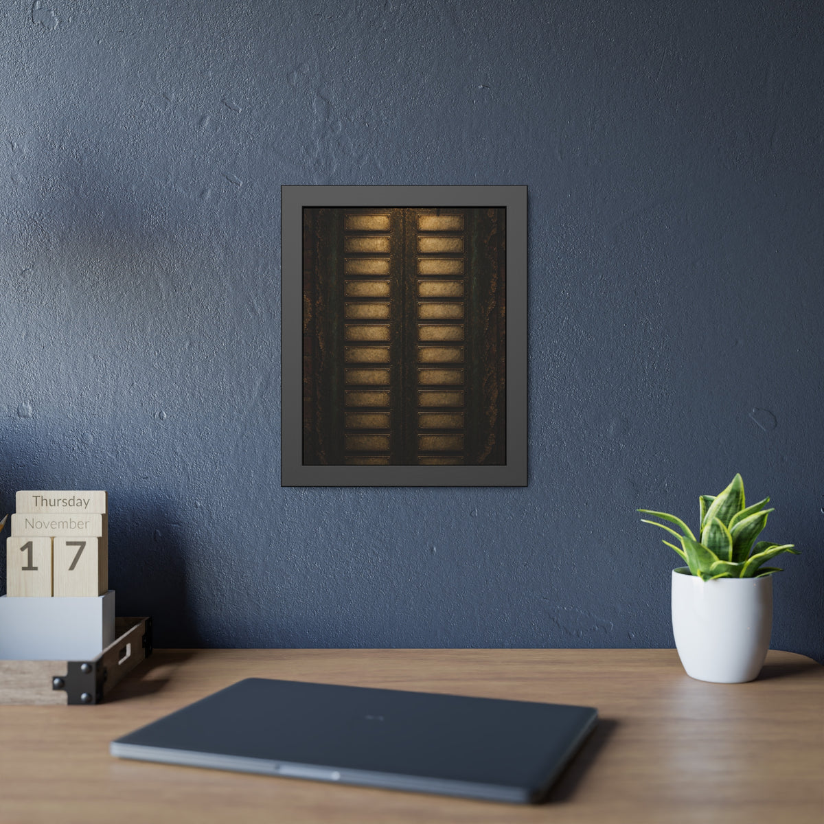 An intercom panel of blank name slots on a weathered building wall. The Names Behind Brass by Garabaggio, framed fine art print hanging in a room.